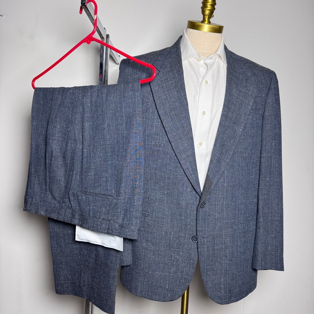 Nino Cerruti Suit Mens 44R 40x30 Blue Plaid Vintage 2 Button Notch Lapel USA